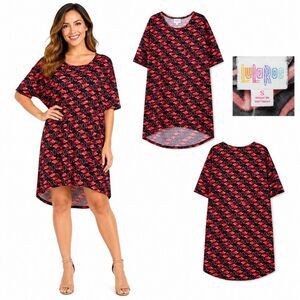 LuLaRoe Carly Dress S Black Red Flamingo Print High-Low Hem Short Sleeve Simply
